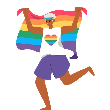 무지개 깃발과 하트 셔츠로 LGBTQ 프라이드를 축하하는 즐거운 사람  일러스트레이션