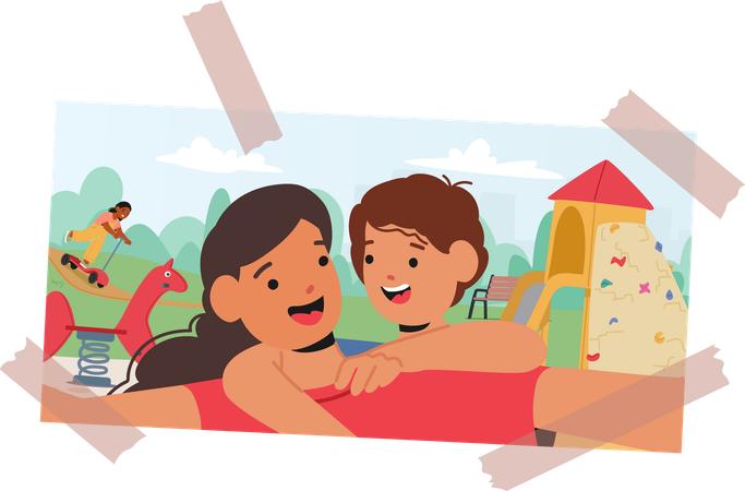 Joyful Photo Scene Of Mother with  Child  Enjoying  Playground With Slide And Climbing Structure  Illustration