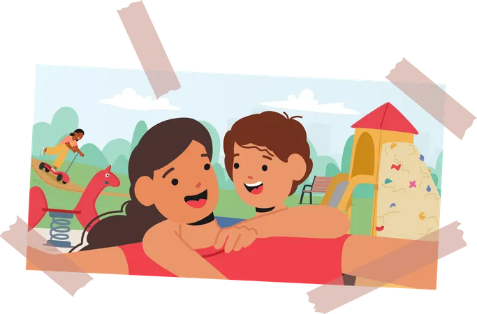 Joyful Photo Scene Of Mother with  Child  Enjoying  Playground With Slide And Climbing Structure  Illustration