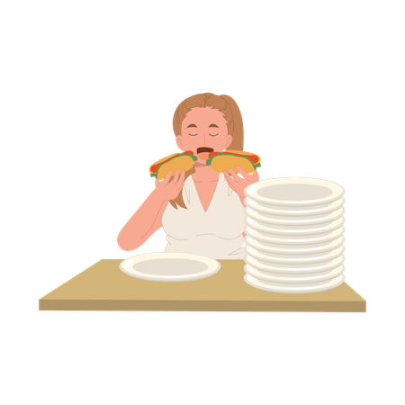 Joyful Plus-Size Woman Relishing a Big Plate of Hotdogs  Illustration