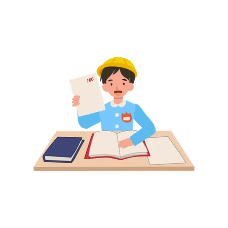 Joyful preschool boy in japanese school uniform sitting at desk with full score achieving school success  Illustration