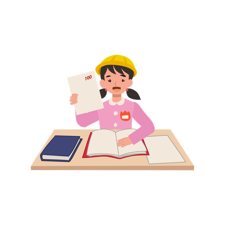Joyful preschool girl in japanese school uniform sitting at desk with full score  Illustration