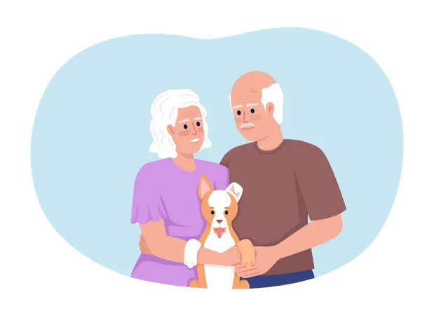 Joyful retired couple with puppy in hands Illustration