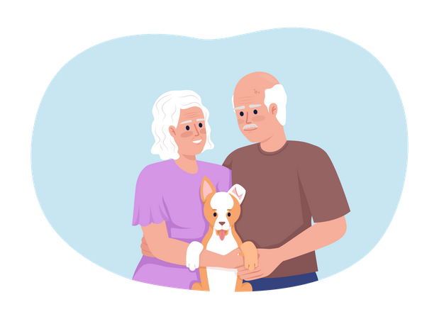 Joyful retired couple with puppy in hands  Illustration