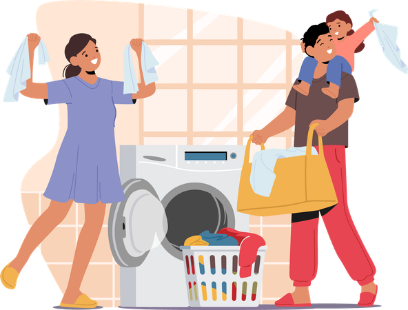 Joyful Scene Unfolds As Busy Family Parents And Kids Cheerfully Tackles Laundry Together At Home  Illustration