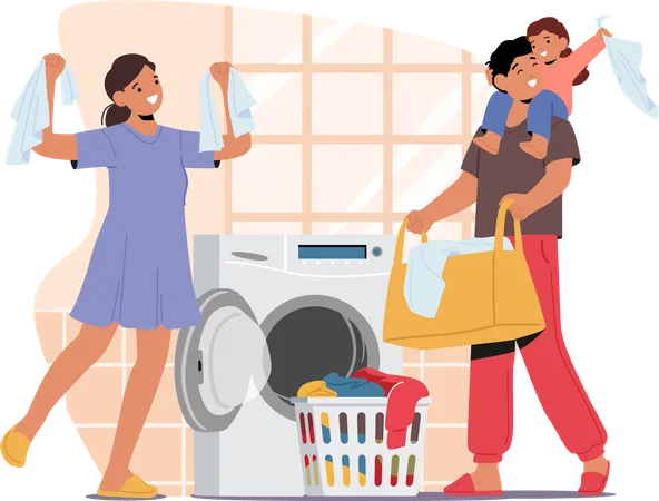 Joyful Scene Unfolds As Busy Family Parents And Kids Cheerfully Tackles Laundry Together At Home  Illustration