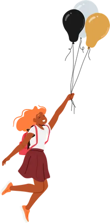 Joyful Schoolgirl Character Soars Through The Sky Clutching Vibrant Balloons Heartwarming Scene That Captures The Innocence And Wonder Of Childhood Adventure Cartoon People Vector Illustration Illustration
