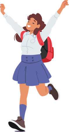 Joyful Schoolgirl With Red Backpack Runs With Her Hands Up In Air  Illustration