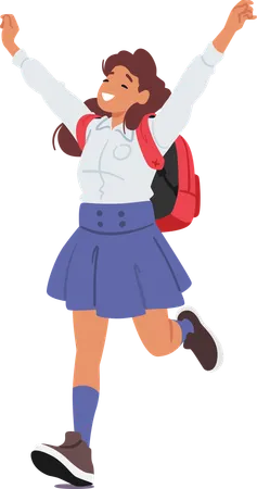 Joyful Schoolgirl With Red Backpack Runs With Her Hands Up In Air  Illustration