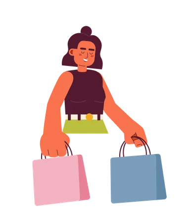 Joyful Shophocolic Semi Flat Color Vector Character Latina Woman With Shopping Bag Editable Half Body Person On White Simple Cartoon Spot Illustration For Web Graphic Design Illustration