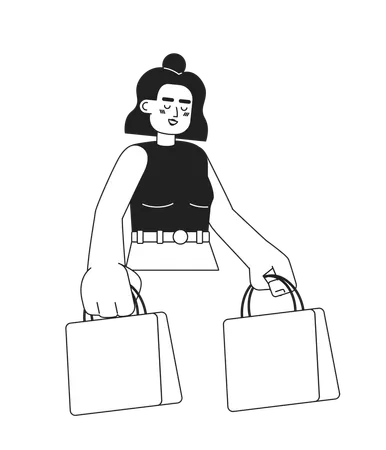 Joyful Shophocolic Monochromatic Flat Vector Character Latina Woman With Shopping Bag Editable Thin Line Half Body Person On White Simple Bw Cartoon Spot Image For Web Graphic Design Illustration