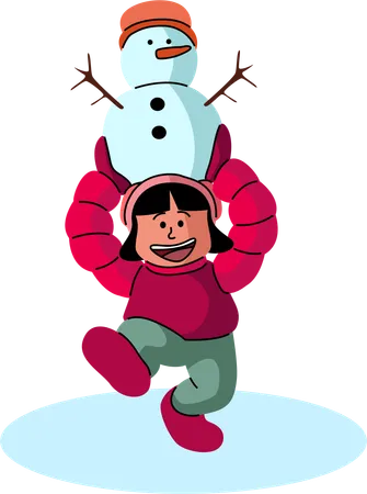 A Joyful Child Lifts A Snowman High Above Her Head Celebrating The Playful Construction Of A Winter Friend Illustration