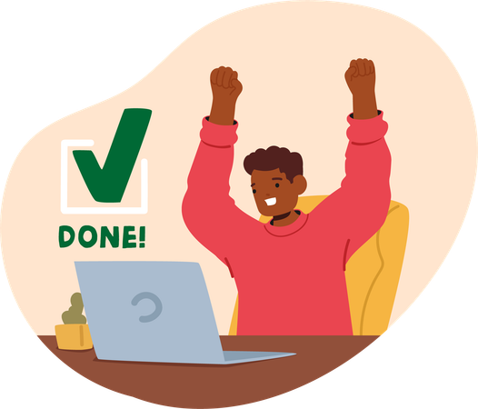 Joyful Student Male  In  Red Sweater Celebrating  Successful Completion Of Online Exam With  Laptop  Illustration