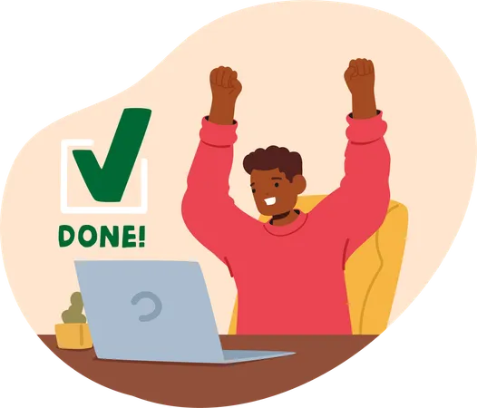 Joyful Student Male  In  Red Sweater Celebrating  Successful Completion Of Online Exam With  Laptop  Illustration