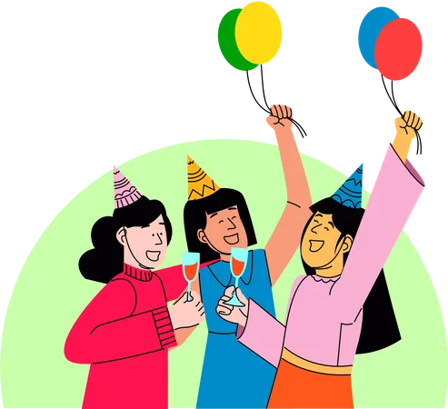 Three Friends Raising A Toast At A Vibrant Party Wearing Party Hats And Enjoying The Moment Illustration