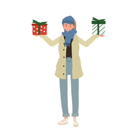 Joyful Woman Enjoying Christmas Shopping with Gift Box  Illustration