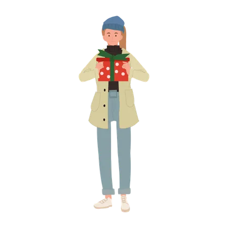 Festive Holiday Shopping Joyful Woman In Winter Fashion Enjoying Christmas Shopping With Gift Box Illustration