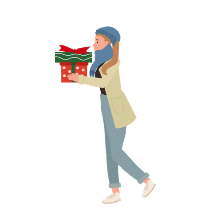 Joyful Woman Enjoying Christmas Shopping with Gift Box  일러스트레이션