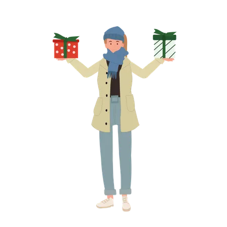 Joyful Woman Enjoying Christmas Shopping with Gift Box  Illustration