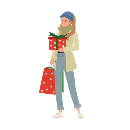 Joyful Woman Enjoying Christmas Shopping with Gift Box  Illustration