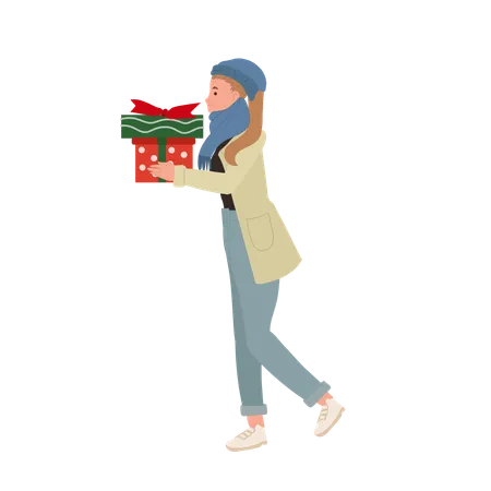 Joyful Woman Enjoying Christmas Shopping with Gift Box  Illustration