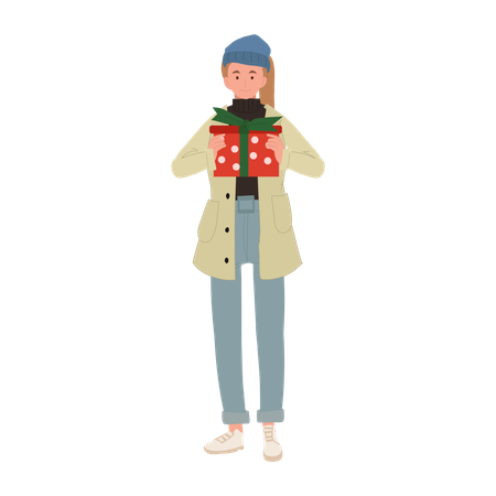 Joyful Woman Enjoying Christmas Shopping with Gift Box  Illustration