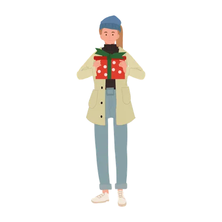 Joyful Woman Enjoying Christmas Shopping with Gift Box  Illustration