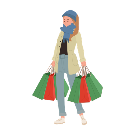 Joyful Woman Enjoying Christmas Shopping with shopping bags  일러스트레이션