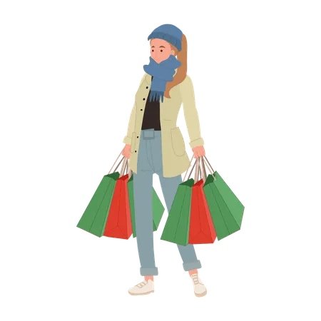 Festive Holiday Shopping Joyful Woman In Winter Fashion Enjoying Christmas Shopping With Shopping Bags Illustration