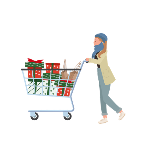 Joyful Woman Enjoying Christmas Shoppingwith full shopping cart.  Illustration
