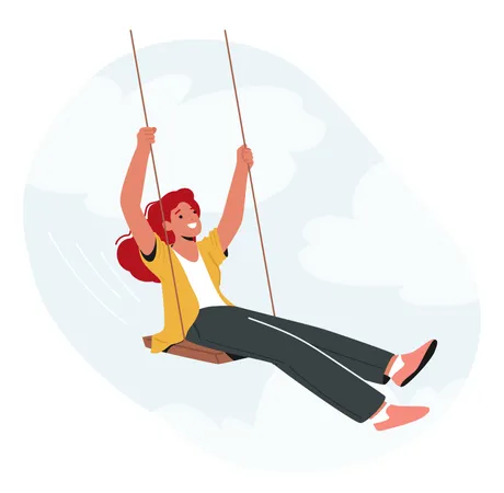 Joyful Woman Character Gracefully Swings Through The Air Her Laughter Echoing As She Soars Higher Momentarily Escaping Life Gravity In Timeless Moment Of Freedom Cartoon People Vector Illustration Illustration