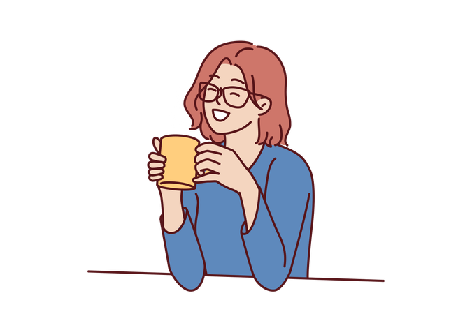 Joyful woman holding coffee mug sitting at table and smiling remembering happy moments from life  일러스트레이션