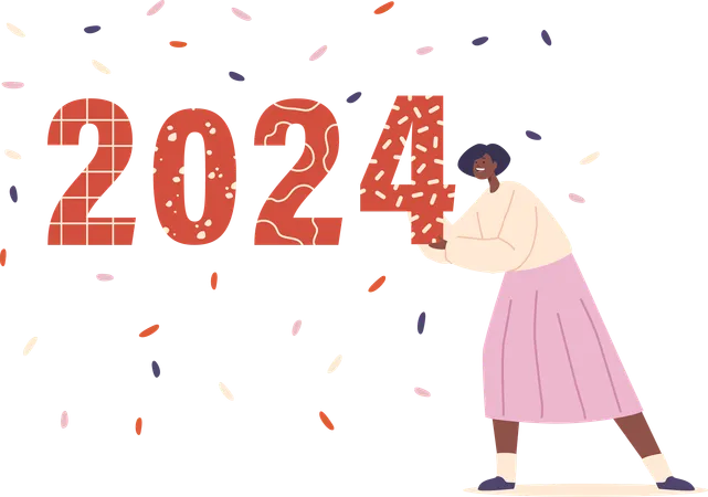 Joyful Woman Holds The Numbers 2024 With Hopeful Smile African American Female Character Embracing The Promise Of The Upcoming Year With Optimism And Anticipation Cartoon People Vector Illustration Illustration
