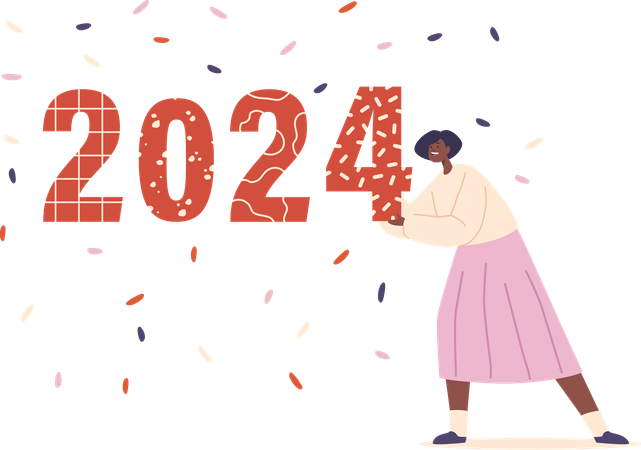 Joyful woman holds numbers 2024  Illustration