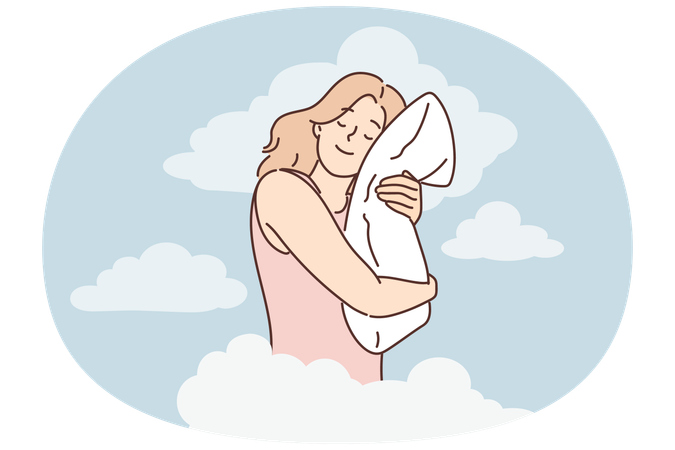 Joyful woman is sleeping and hugging pillow being among clouds symbolizing calmness and night dreams  Illustration