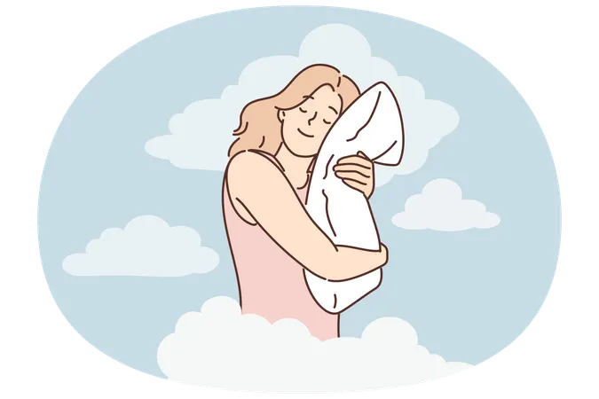 Joyful woman is sleeping and hugging pillow being among clouds symbolizing calmness and night dreams  Illustration
