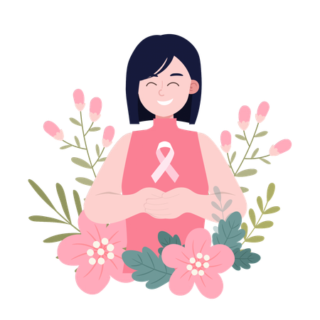 Joyful woman with pink ribbon for breast cancer awareness  Illustration