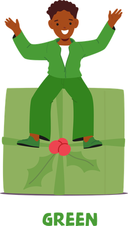 Joyful Young Kid In Green Outfit Sitting On  Big Gift Box  Illustration