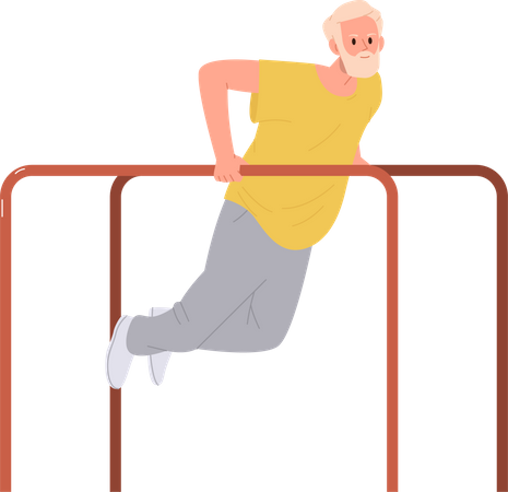 Pensionista mayor jubilado haciendo ejercicio físico  Ilustración