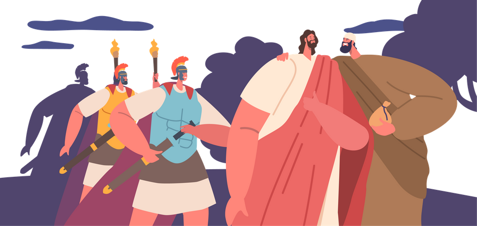 Judas identificó a Jesús ante los soldados romanos en el jardín de Getsemaní  Ilustración