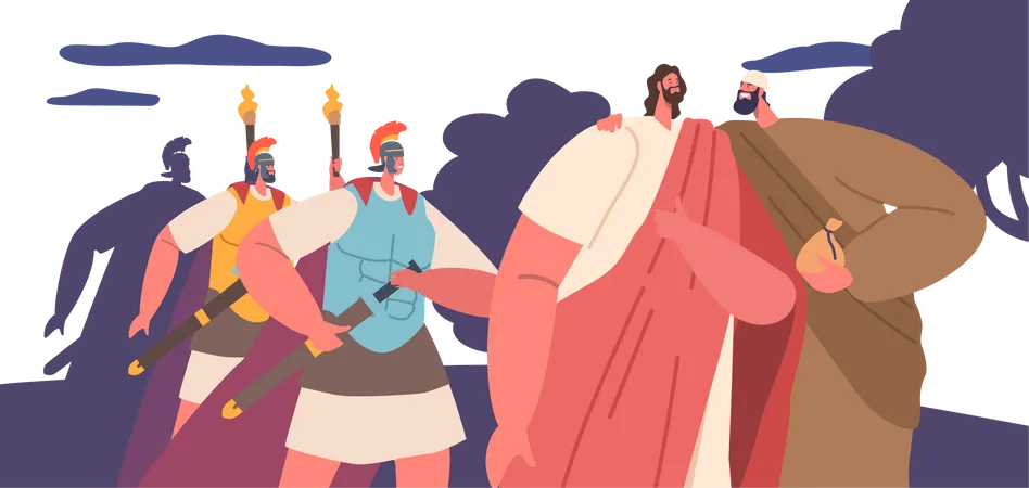 Betrayed With A Kiss Judas Identified Jesus Character To The Roman Soldiers In The Garden Of Gethsemane Leading To His Arrest And Eventual Crucifixion Cartoon People Vector Illustration Illustration