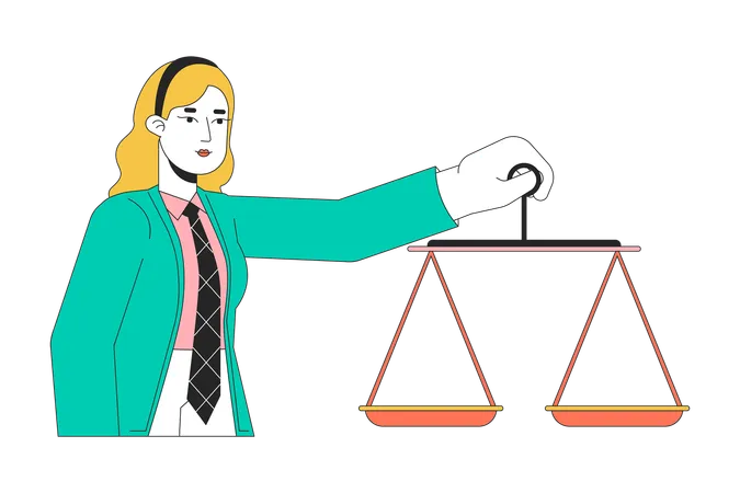 Judge Business Woman Holding Balance Scales 2 D Linear Cartoon Character Blonde Caucasian Young Female Isolated Line Vector Person White Background Trial Verdict Color Flat Spot Illustration Illustration