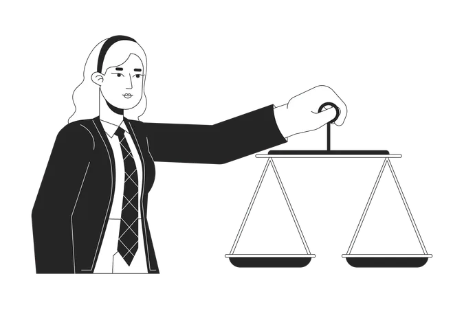 Judge Business Woman Holding Balance Scales Black And White 2 D Line Cartoon Character Blonde Caucasian Young Female Isolated Vector Outline Person Trial Verdict Monochromatic Flat Spot Illustration Illustration