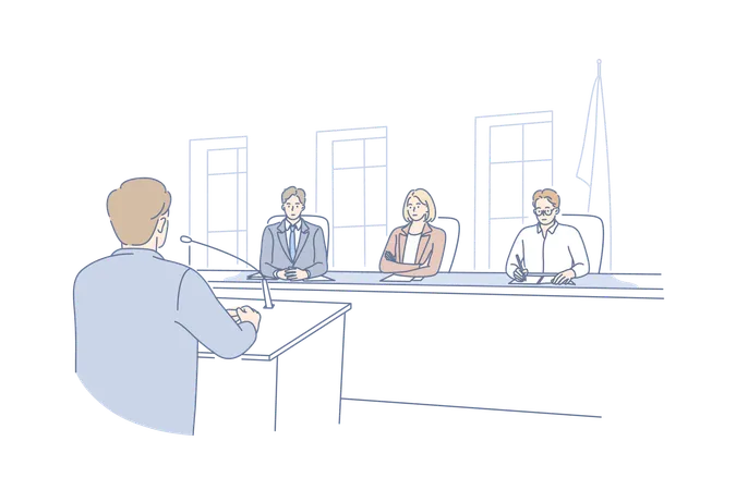 Law Adjustment Court Concept Young Man Criminal Attorney Cartoon Character Takes Floor Speaking In Front Of Judges At Hearing Meeting In Courtroom Prosecution And Defence Speech System Of Justice Illustration