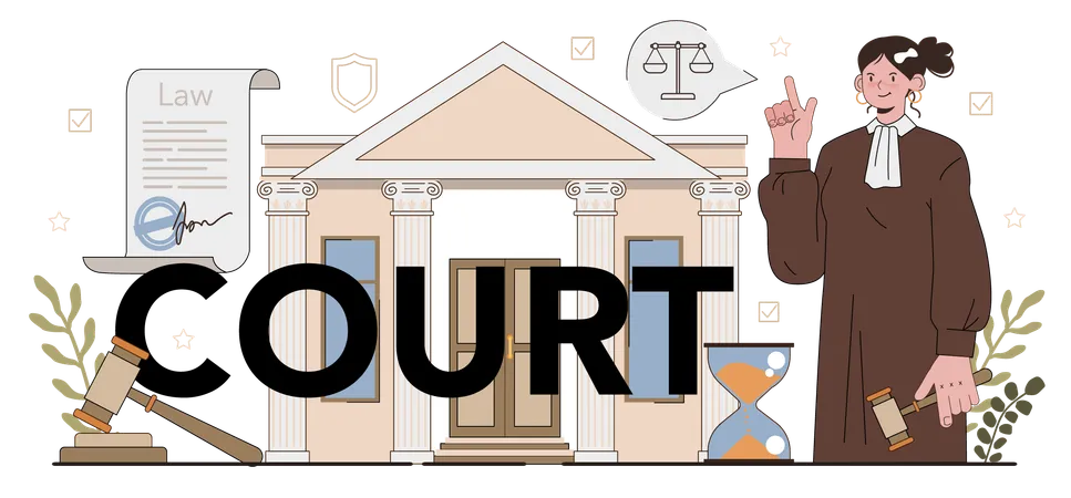 Court Typographic Header Judge Stand For Justice And Law Judge In Traditional Black Robe Hearing A Case And Sentencing Judgement And Punishment Idea Flat Vector Illustration Illustration