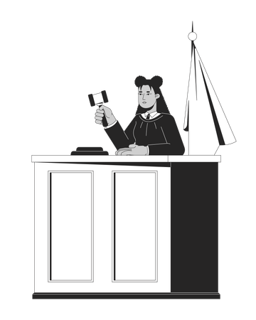 Judge woman with gavel making verdict at courtroom desk  Illustration