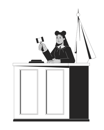 Judge woman with gavel making verdict at courtroom desk  Illustration