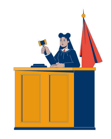 Judge woman with gavel making verdict at courtroom desk  Illustration