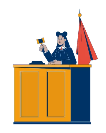 Judge woman with gavel making verdict at courtroom desk  Illustration