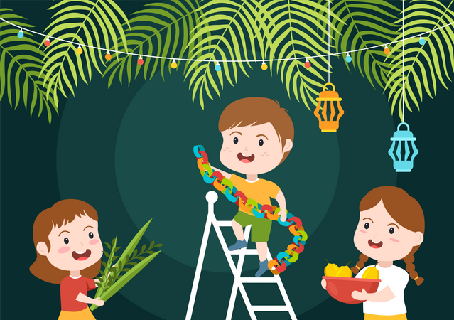 Jüdische Kinder dekorieren für Sukkot  Illustration